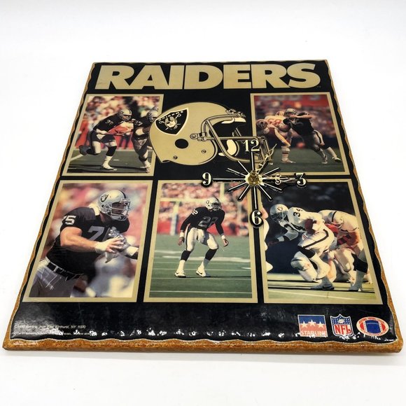 Vtg 1989 Starline Oakland Raiders NFL Wood Collage AA Battery Quartz Wall Clock - Picture 1 of 13